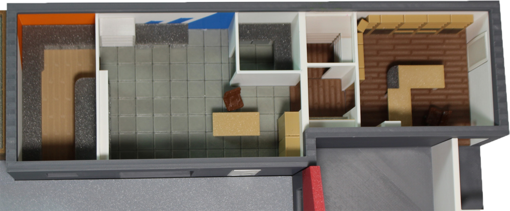 Maquette industrielle 1:50, intérieur détaillé avec trois matières différenciées