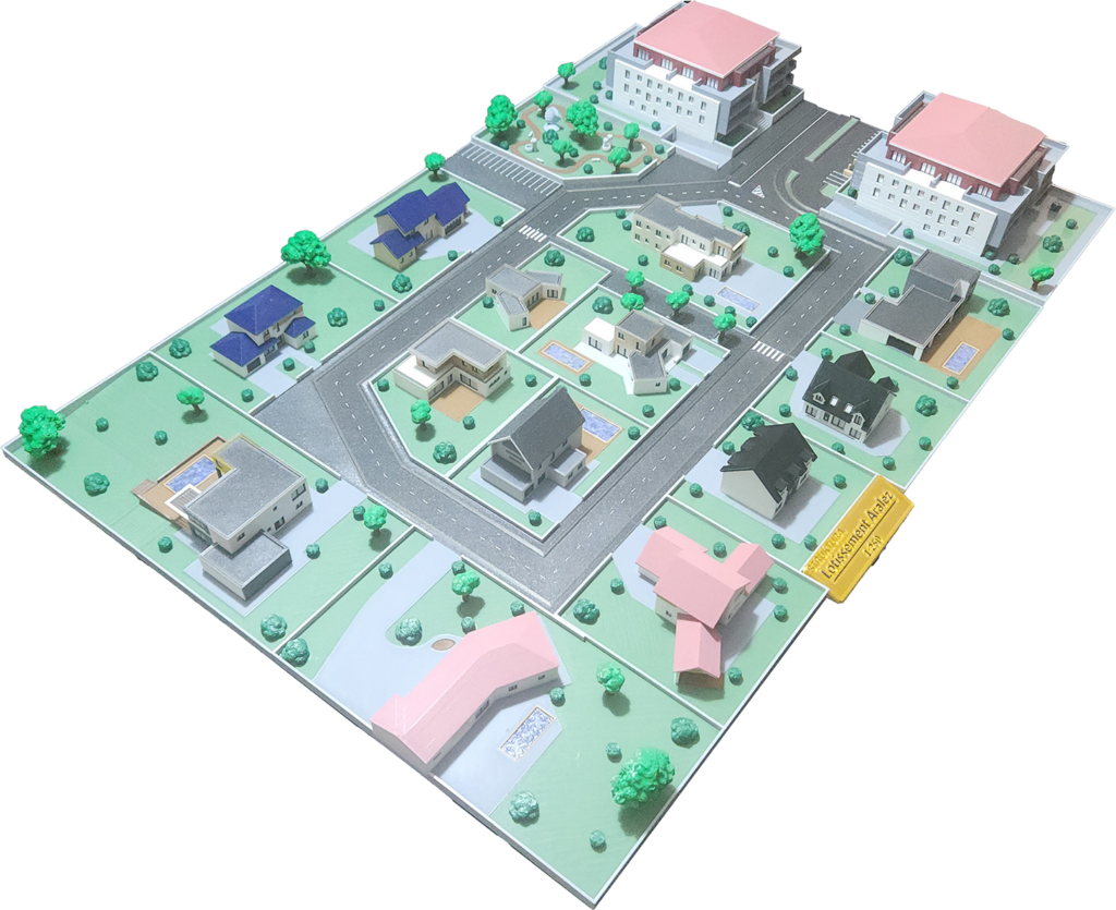 Maquette d'urbanisme d'un lotissement 1:250, 13 pavillons et 2 résidences avec leurs parcelles