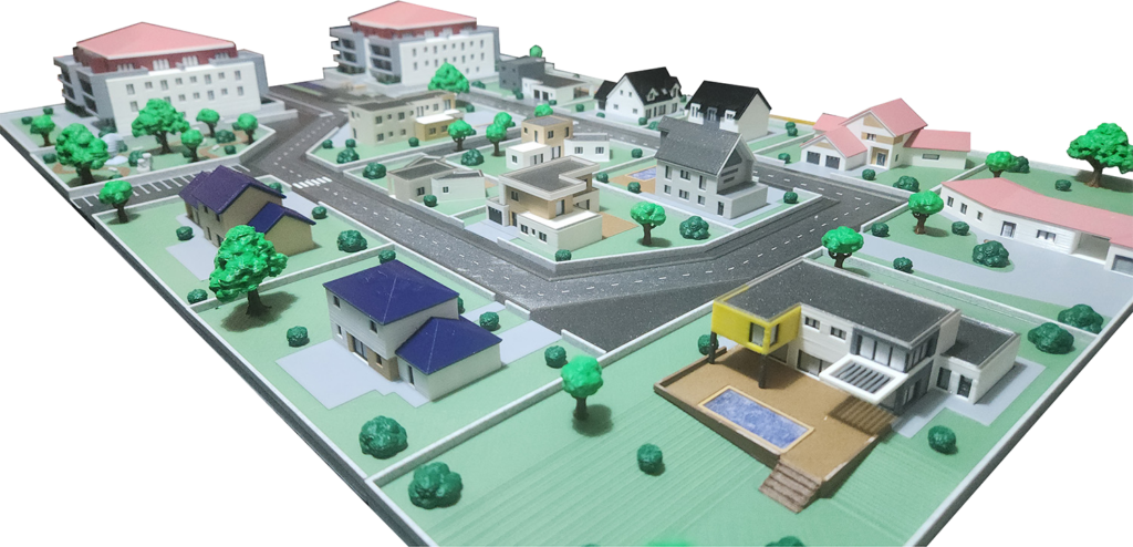 Maquette d'urbanisme 1:250, vue d'ensemble avec voiries et aménagements collectifs