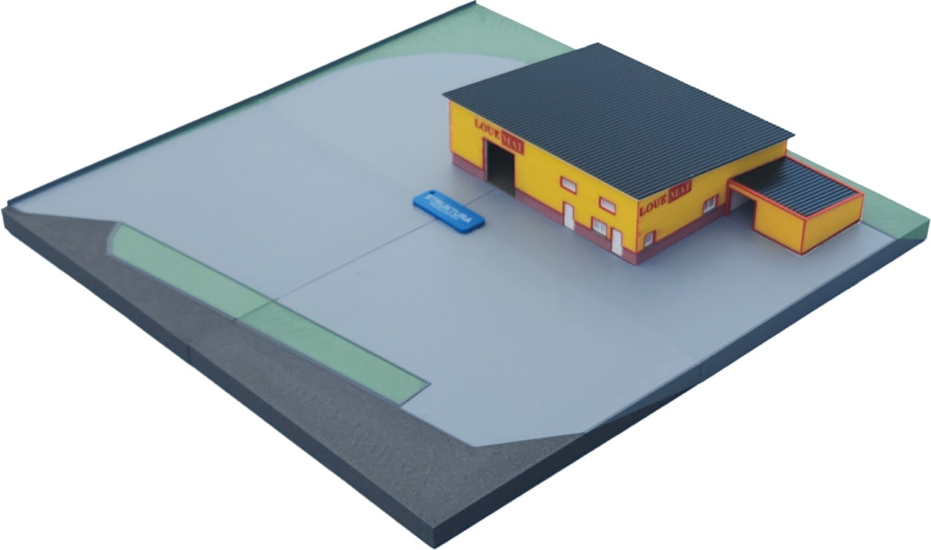 Maquette industrielle d'un hangar 1:100, avec sa parcelle complète