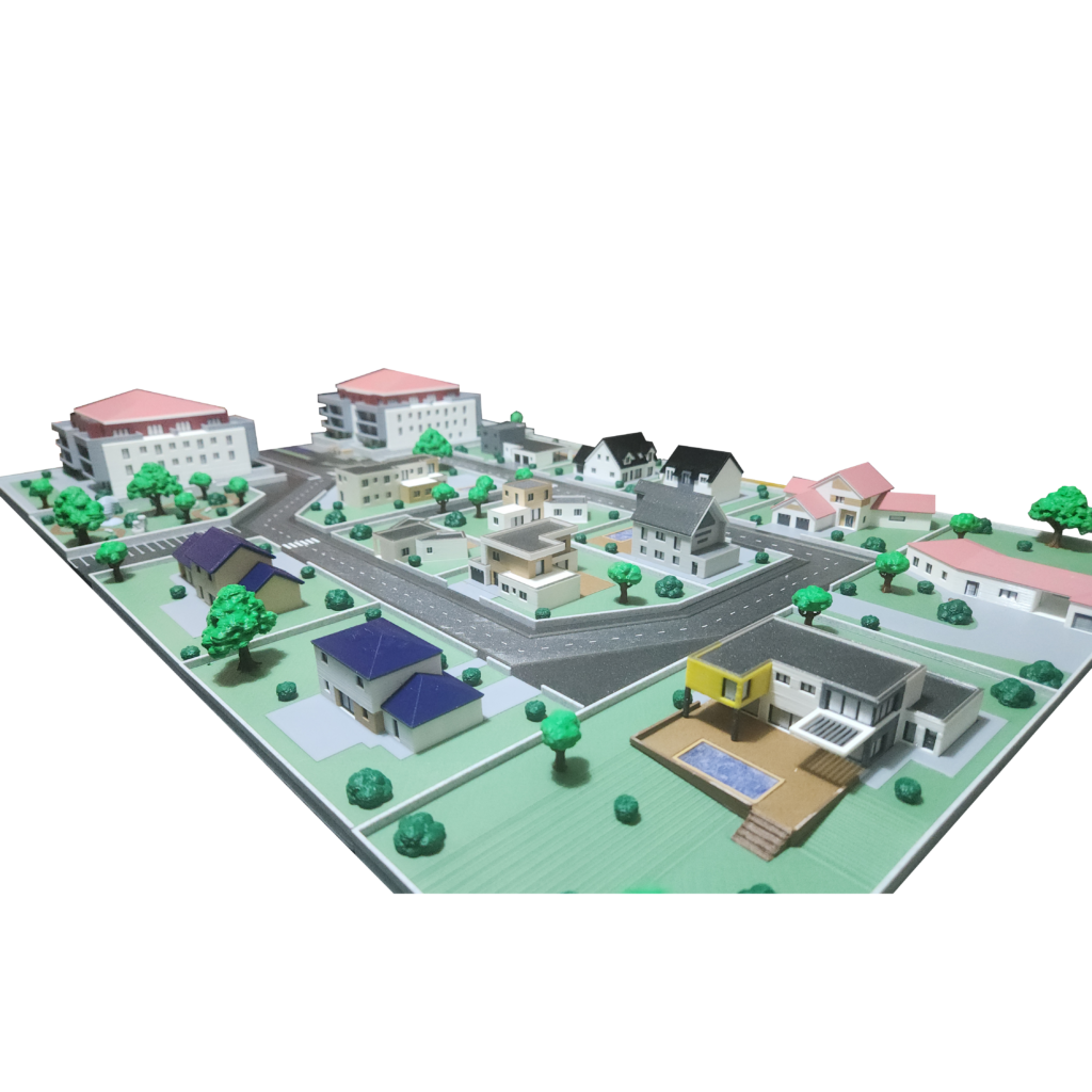 Maquette Aralez à l'échelle 1:250, lotissement résidentiel avec voiries et espaces verts