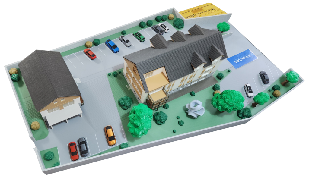 Maquette immobilière de résidence 1:100, vue de trois quarts avec sa parcelle complète